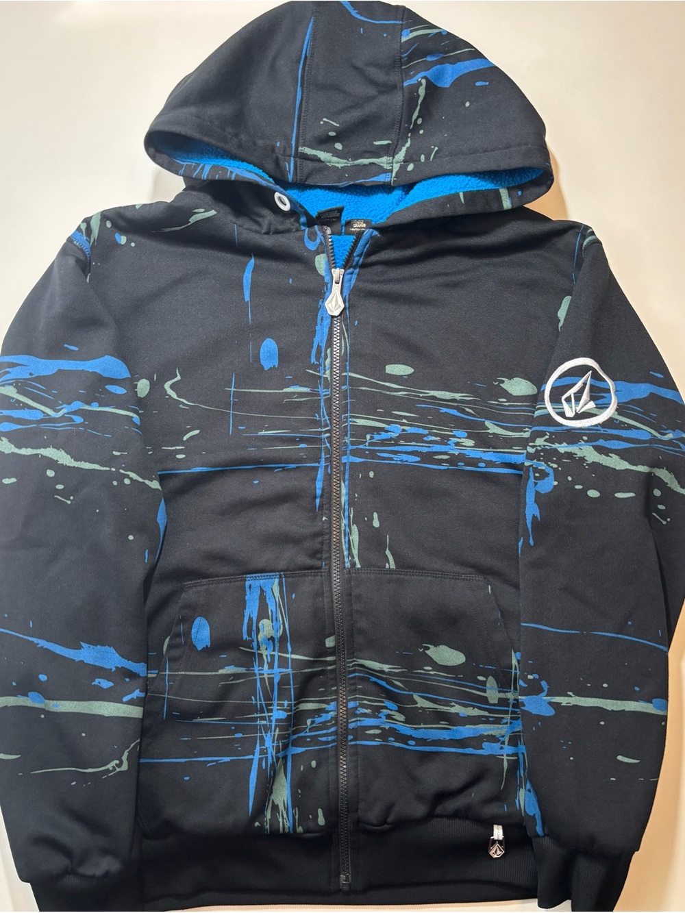 Y2k paint splatter all over print volcom hoodie stash pocket insulated sleeves